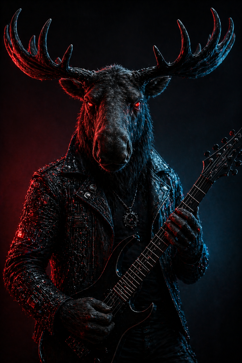 Cyberpunk moose in circuit-board leather jacket with electric guitar